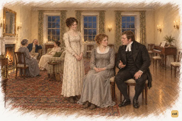 Charlotte gives Mr. Collins her steady attention while the elders converse beside the fire.