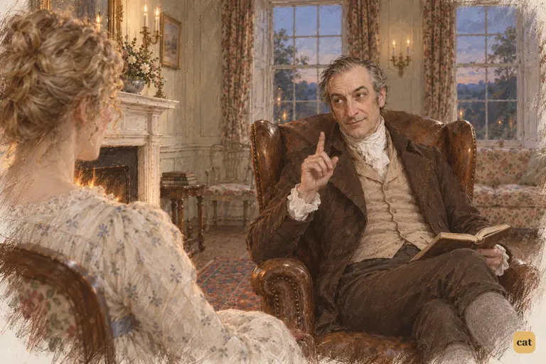 Mr. Bennet gently raises a finger as he suggests that he might outlive his wife.