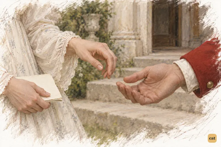 Elizabeth withdraws her hand after Wickham's kiss, Mrs. Gardiner's letter in the other