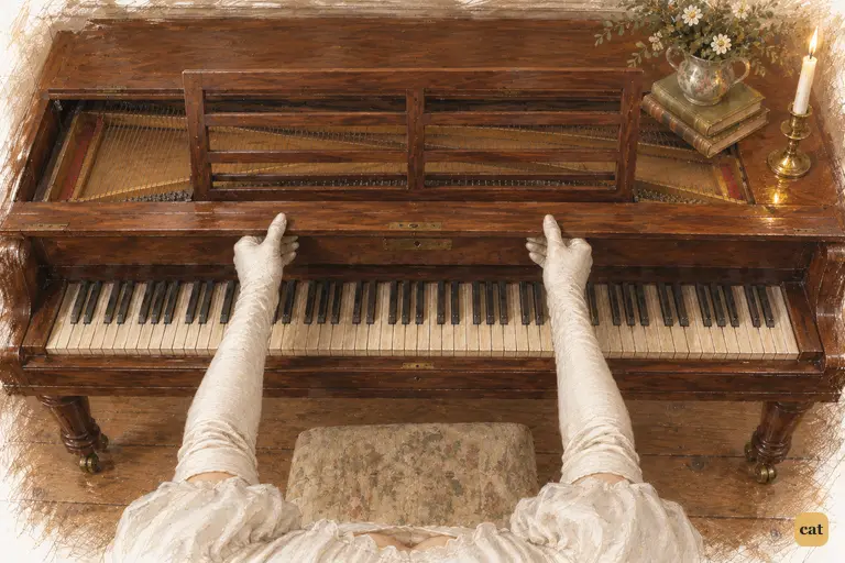Charlotte lifts the pianoforte’s flap with an easy, teasing gesture.