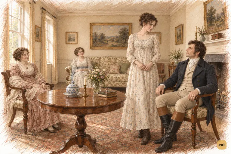 Elizabeth turns to Darcy by his chair, shielding them from Mrs. Philips and Mrs. Bennet