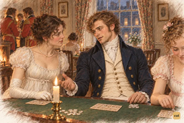 Wickham’s gallant smile softens as he tells Elizabeth of his lost intended profession.