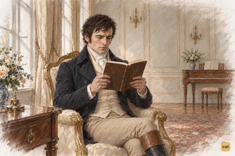 Darcy holds his book like a shield, forcing his attention onto the page.