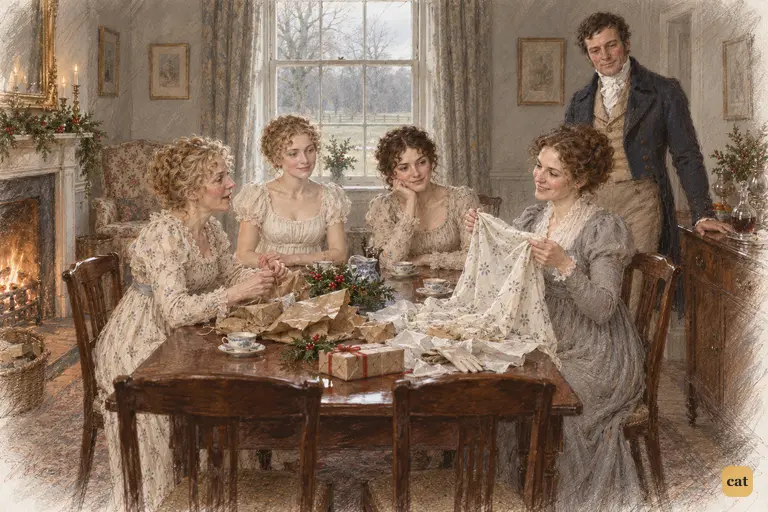 Mrs. Gardiner shows her Christmas gifts to Jane and Elizabeth in Longbourn’s breakfast room.