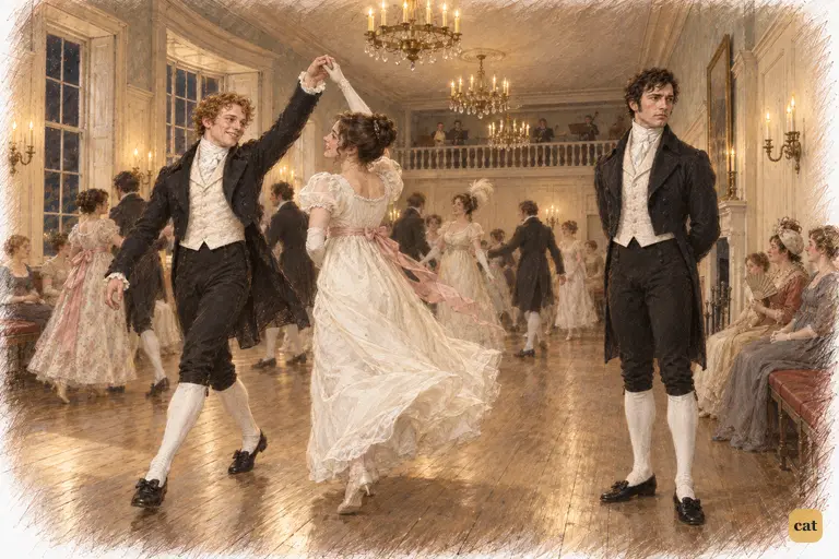 Bingley laughs as he dances with his partner, while Darcy stands motionless beside the wall.