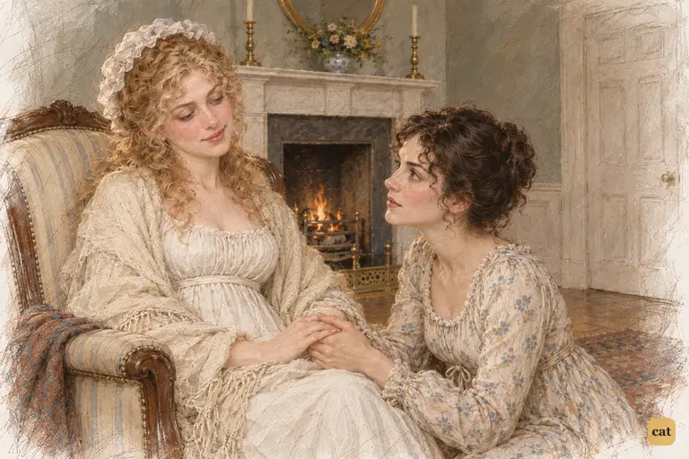 Alone with Jane at last, Elizabeth kneels beside her chair and holds her hands.