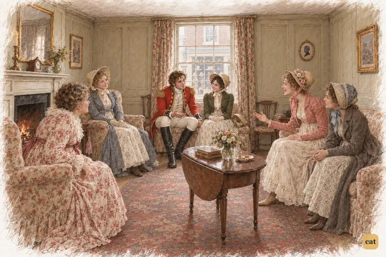 Mrs. Philips and the Bennet sisters lament Wickham's absence from the Netherfield ball.