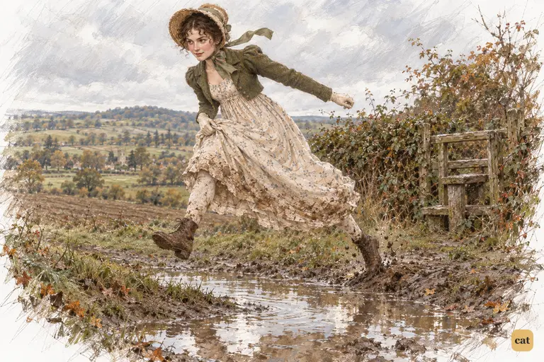 Elizabeth Bennet springs across a broad puddle, leaving a wet wooden stile behind her.
