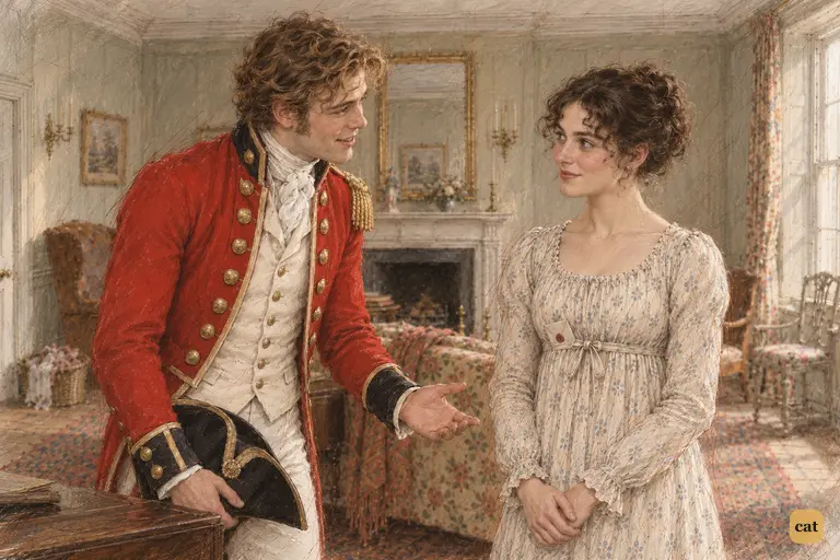 Wickham leans toward Elizabeth with engaging solicitude as he wishes her every enjoyment.