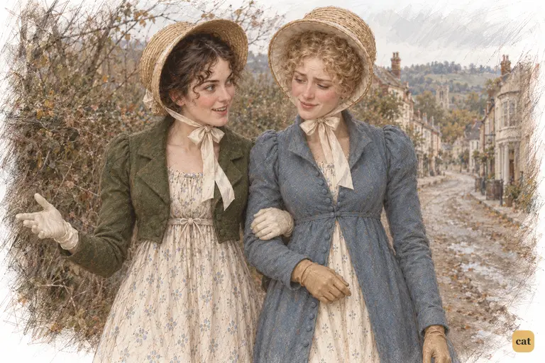 Walking home arm in arm, Elizabeth eagerly recounts the strange encounter between Darcy and Wickham.