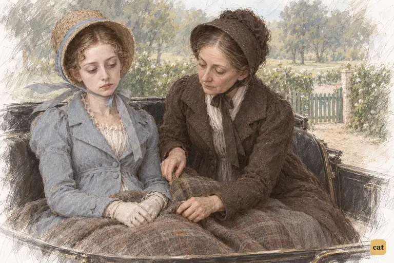Anne de Bourgh sits bundled in the low phaeton as Mrs. Jenkinson tucks the rug beside her
