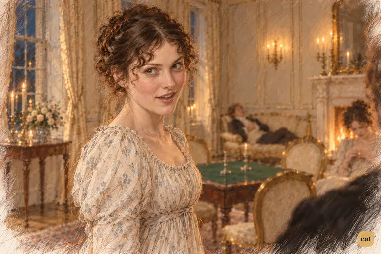 Elizabeth turns a bright, teasing challenge on Darcy, her lips curving toward laughter