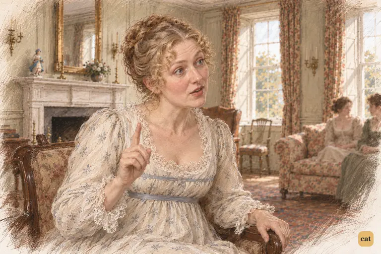 Mrs. Bennet, bolt upright with a raised finger, turns Darcy's silence against him