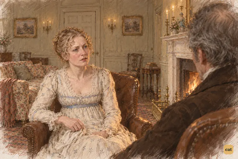 Mrs. Bennet retorts resentfully across the hearth, stiff beside relaxed Mr. Bennet