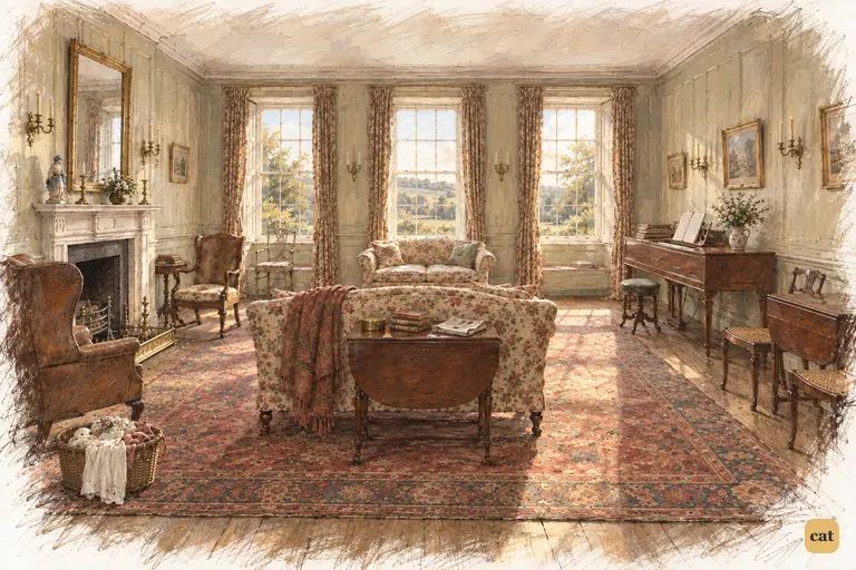 Late May sunlight falls across Longbourn’s empty drawing-room