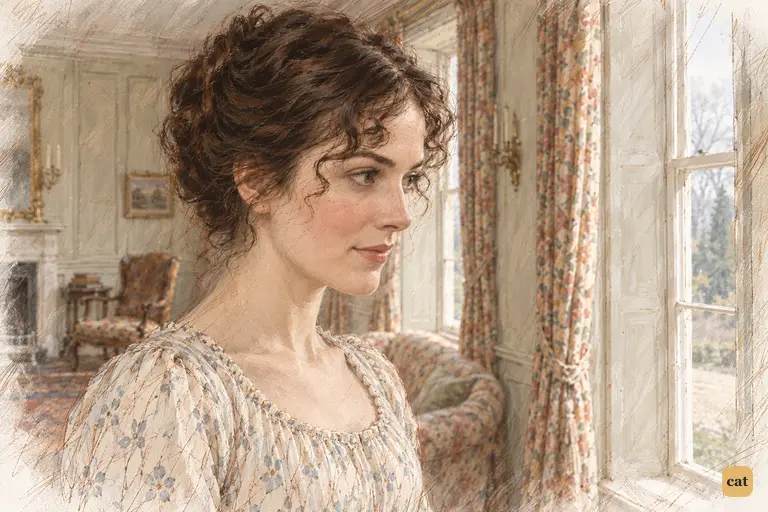 Alone at the Longbourn window after Wickham’s farewell, Elizabeth holds a faint smile.
