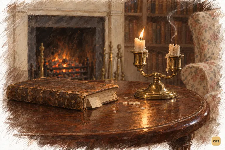 Mr. Bennet's closed book rests beside spent candles as voices fade upstairs