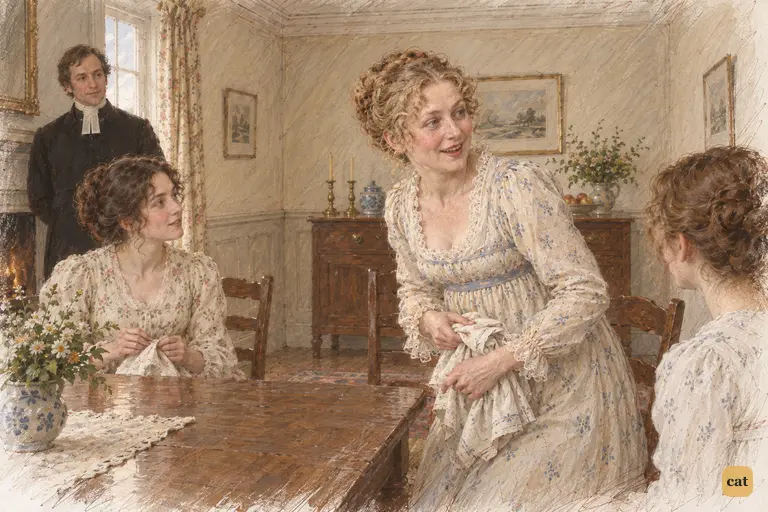 Mrs. Bennet gathers her needlework and summons Kitty upstairs, clearing the way