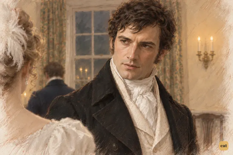 Darcy answers Miss Bingley while his gaze travels past her towards Elizabeth.