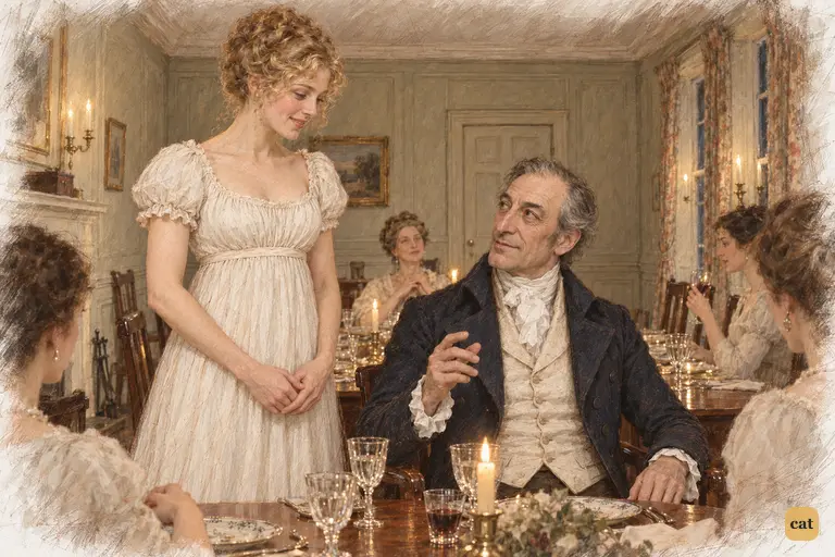 Mr. Bennet’s dry teasing warms into a sincere blessing as Jane listens beside his chair.