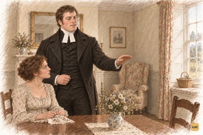 Mr. Collins dismisses Elizabeth’s refusal with a ceremonious wave, his confidence intact.