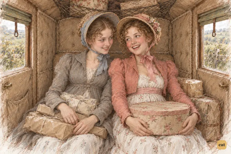 Lydia hugs her extra bandbox with delighted pride while Kitty giggles beside her.