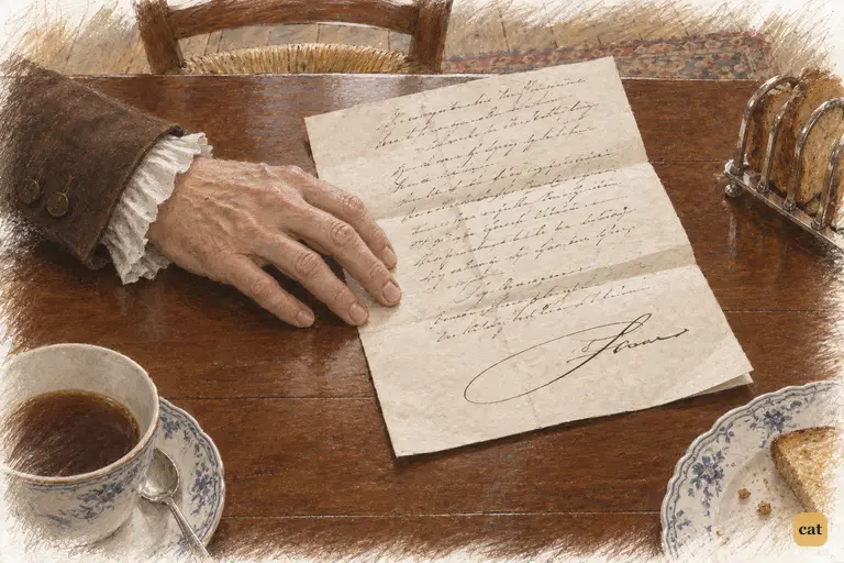 Mr. Bennet’s fingertips settle beside the imposing flourish of William Collins’s signature.