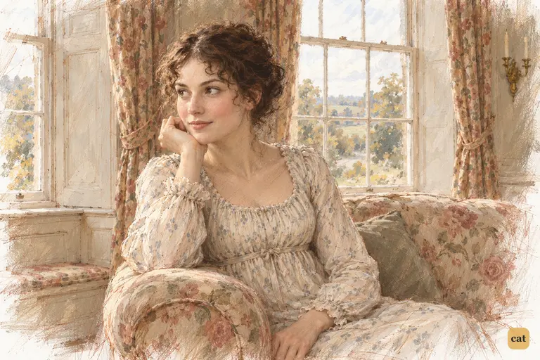 Elizabeth looks toward the Meryton road, chin on hand, anticipating dancing with Wickham