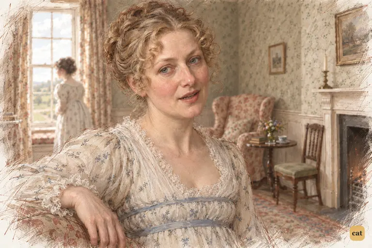 Mrs. Bennet turns from the window, her dislike of Darcy showing through a brief smile