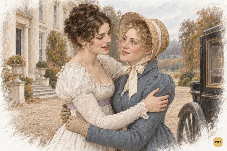 Caroline Bingley gives Jane an effusive farewell embrace beside the waiting carriage