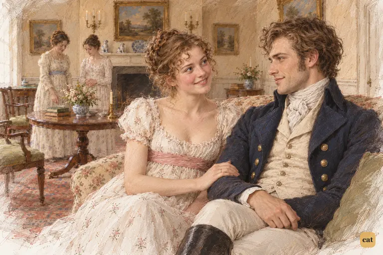 Lydia rests her hand on Wickham’s forearm, absorbed in her husband.