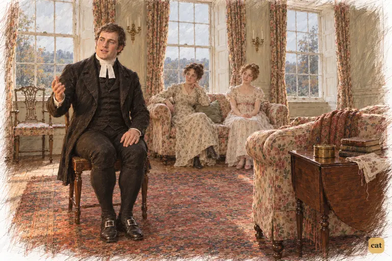Mr. Collins, rigidly upright and pleased with himself, compliments Mrs. Bennet