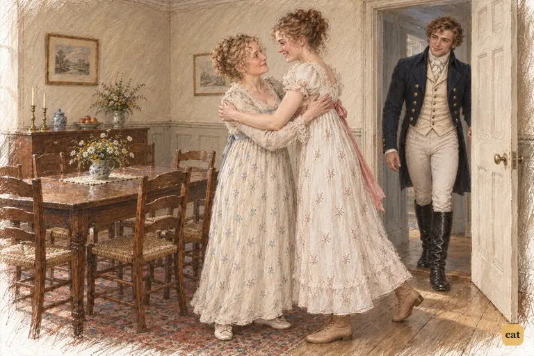 Lydia rushes into Mrs. Bennet’s rapturous embrace