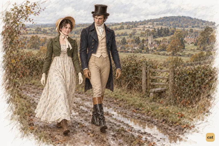 Elizabeth’s renewed thanks subside as she and Darcy continue along the country lane.