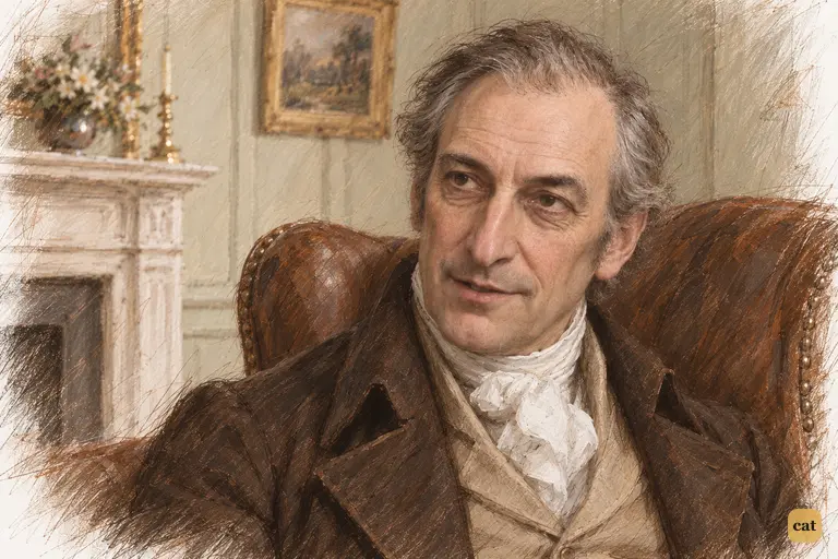 Mr. Bennet rests comfortably against his chair as he delivers his final answer.