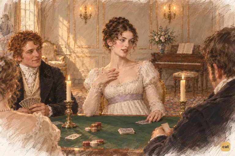 Caroline Bingley praises the accomplished woman while gesturing to her own neckline