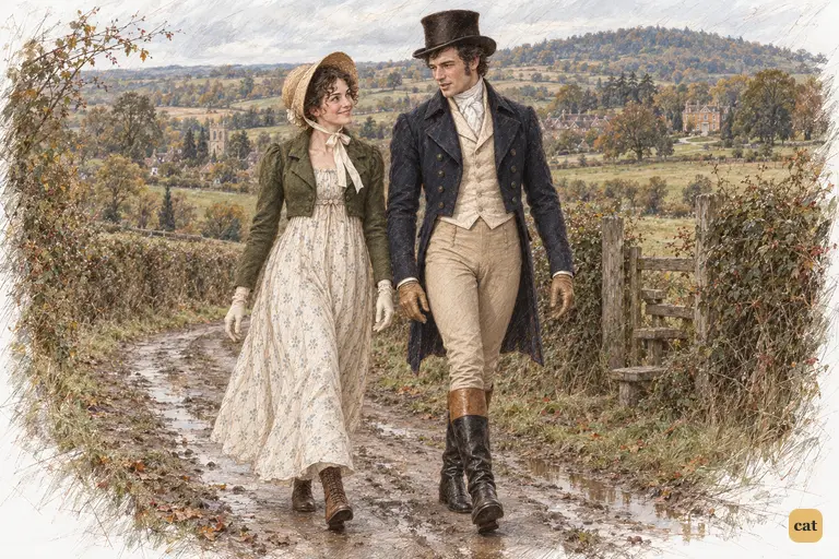 Darcy explains his certainty of Jane’s affection as he and Elizabeth walk toward Longbourn.
