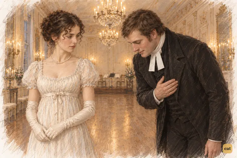 Collins bows solemnly as he dismisses Elizabeth’s advice and begins turning away.