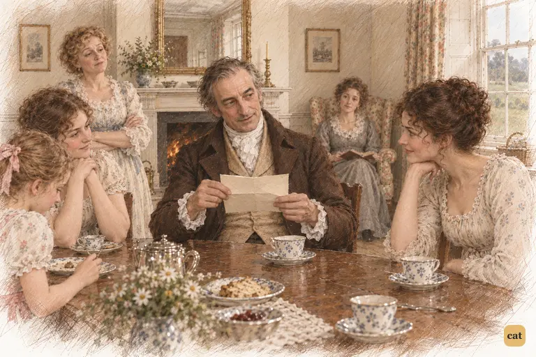 Mr. Bennet reads Mr. Collins’s offer of peace with perfect gravity.