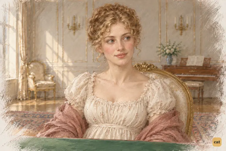 Jane receives Bingley’s concern with a gentle, settled expression.