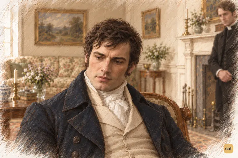 After Sir William leaves, Darcy settles back in his chair in quiet private relief