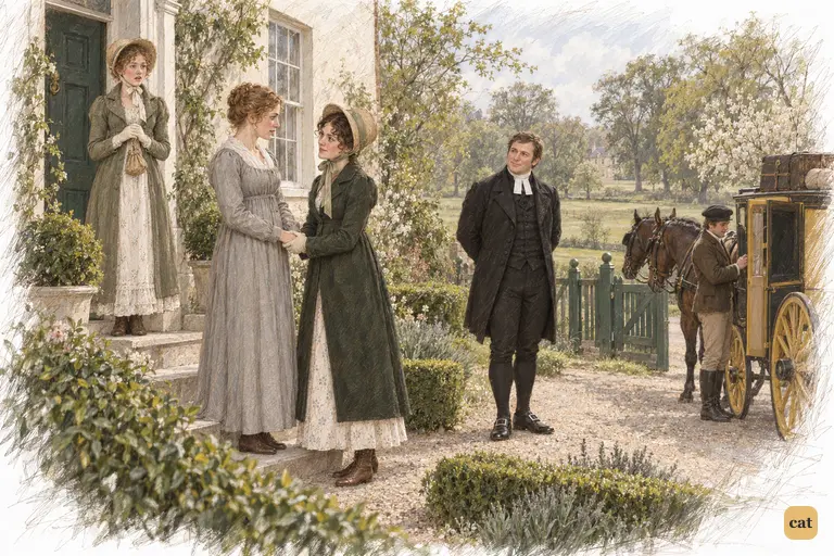 Elizabeth and Charlotte clasp hands at the parsonage door in an affectionate farewell.