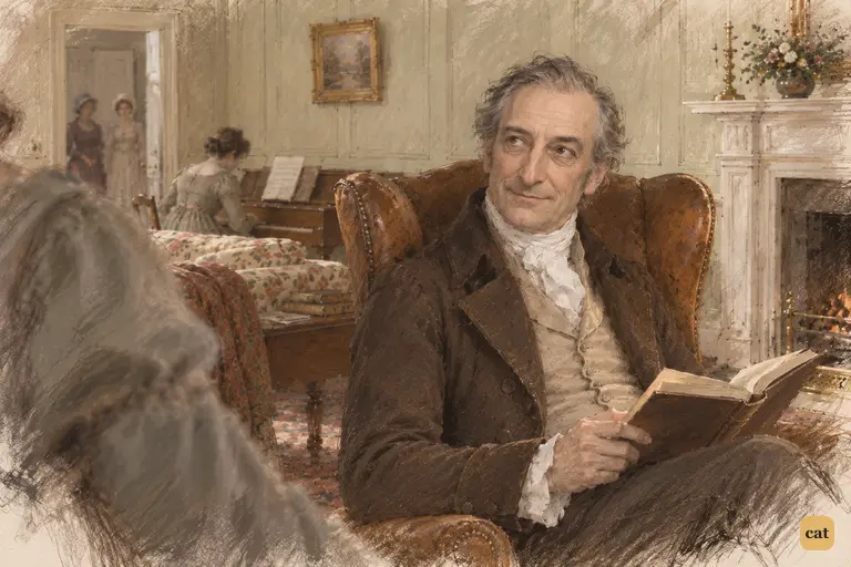 Mr. Bennet lifts his eyes from his book as Jane and Elizabeth return.