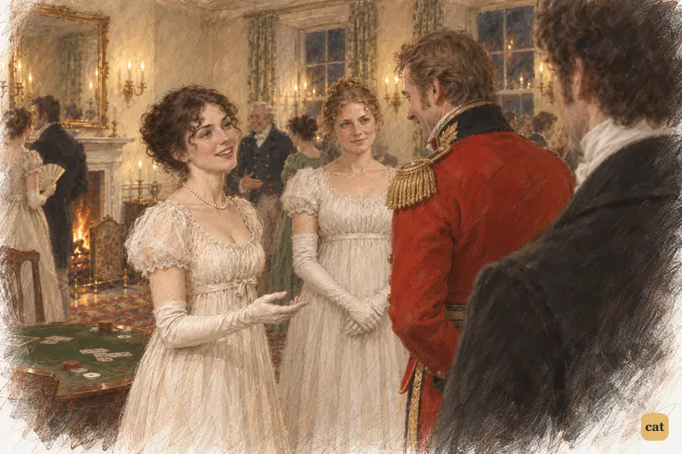 Darcy watches Elizabeth with cold scrutiny across the candlelit drawing room.