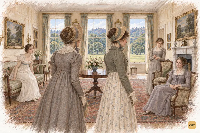 Elizabeth and Mrs. Gardiner enter Pemberley’s cool saloon as Georgiana begins to rise in welcome.