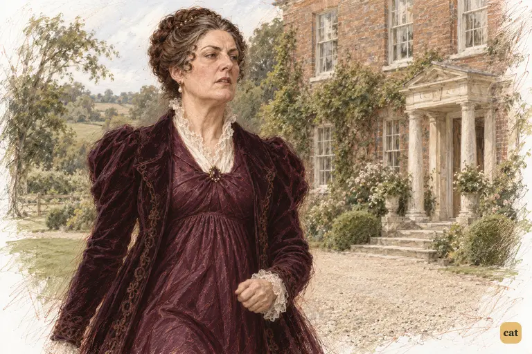 Lady Catherine walks rigidly toward Longbourn, turning her head to continue the dispute