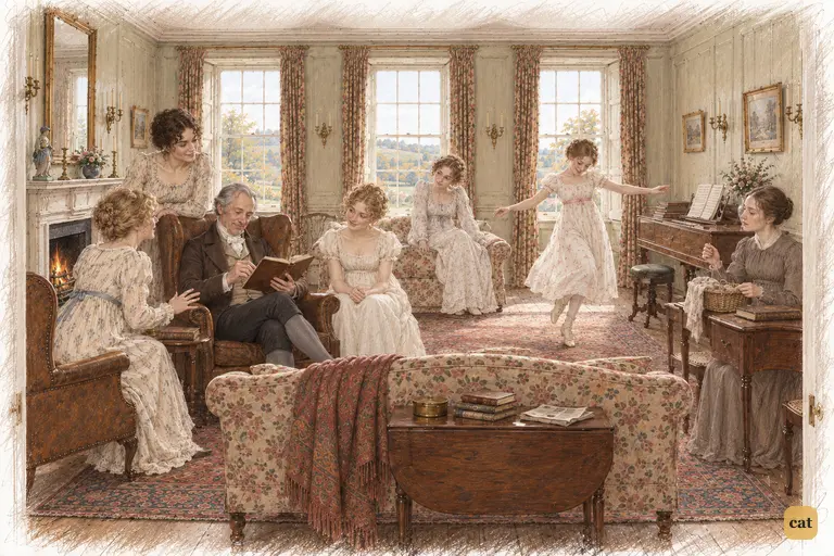 Mrs. Bennet and her daughters press Mr. Bennet for news of Bingley while he calmly turns a page.