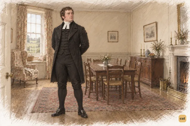 Mr. Collins stands alone in Longbourn's breakfast-room, preserving his importance