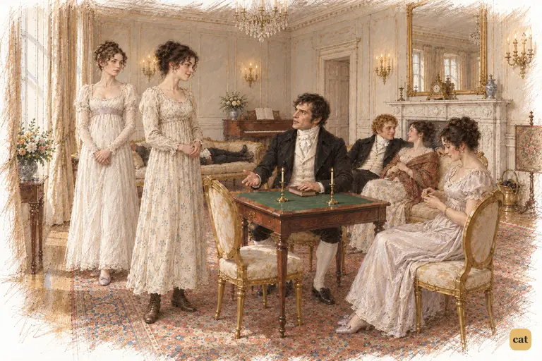 Darcy gives Elizabeth a measured warning while Caroline listens closely behind her
