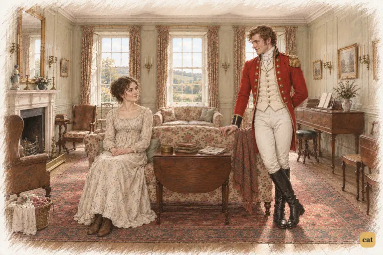 Elizabeth sits quietly on the sofa as Wickham stands by its far end